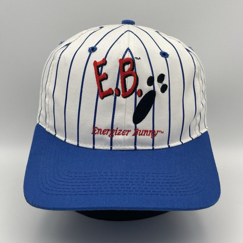 Vintage Energizer Bunny Hat Snapback White Blue Pinstripes 1994 Eveready Battery